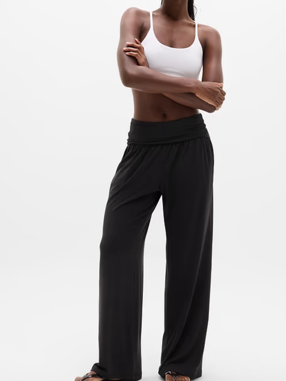 Athleta Studio Wide Leg Pant Black Foldover Waist Yoga Lounge Size S Petite